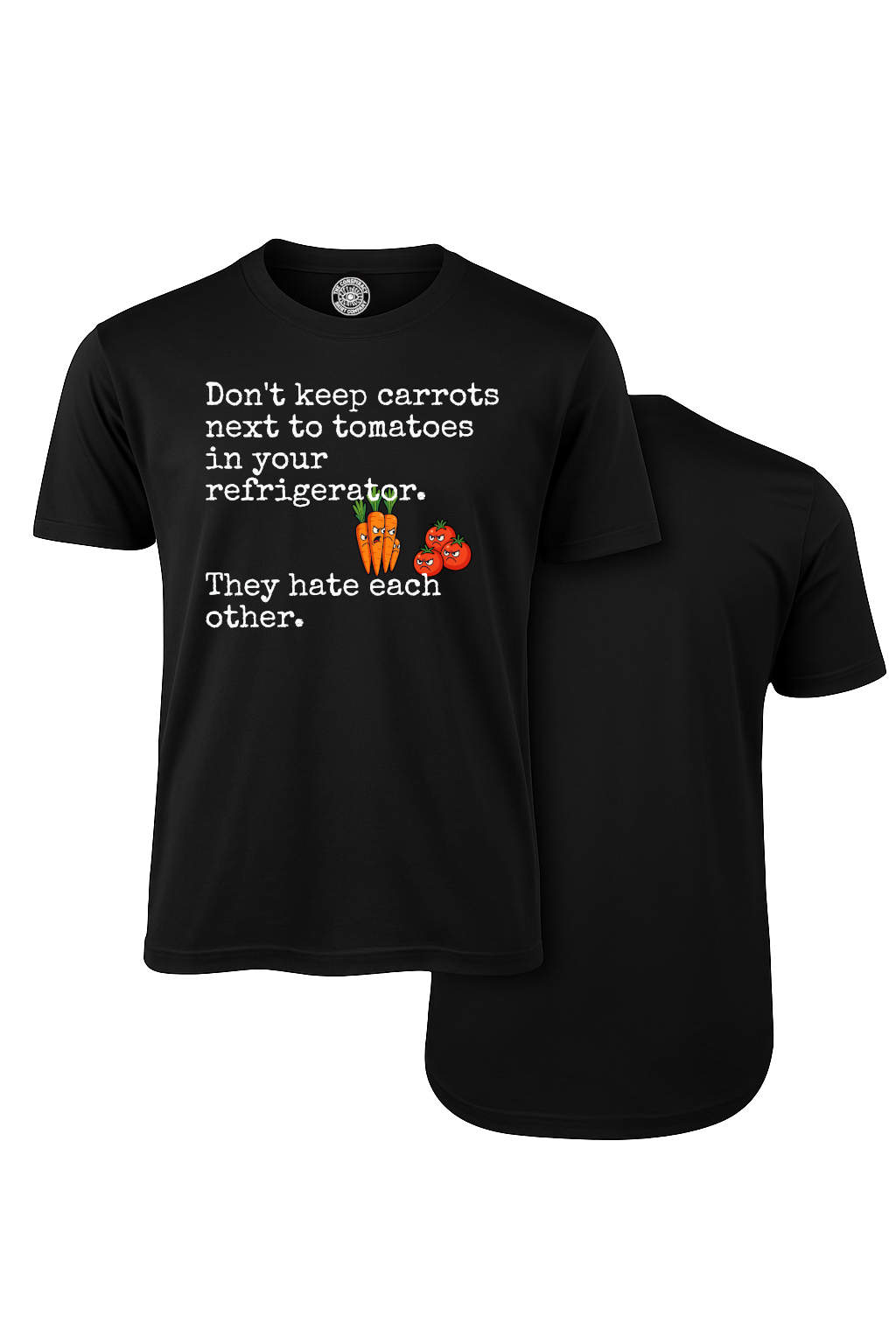 Veggie Vendettas: Carrot-Tomato Cold War Shirt (Black)